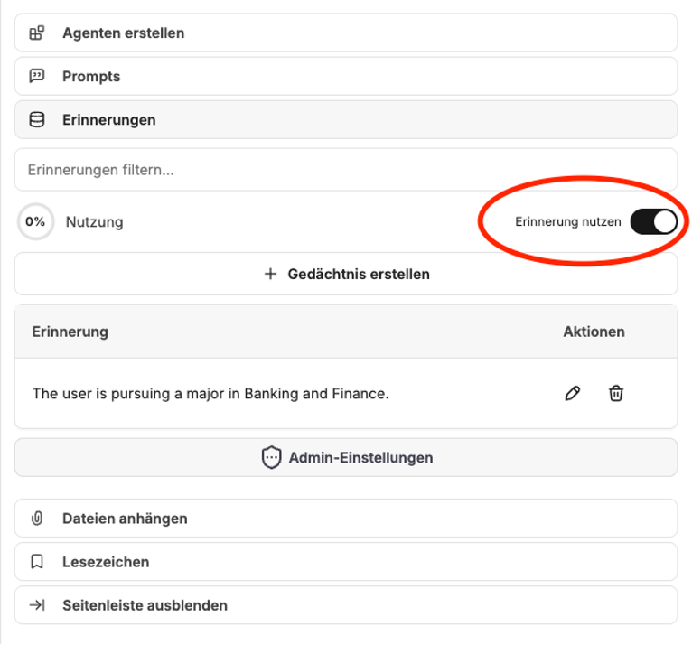 Screenshot des rechten Panels in AI Buddy mit der Speicherfunktion, die über einen Schalter aktiviert werden kann