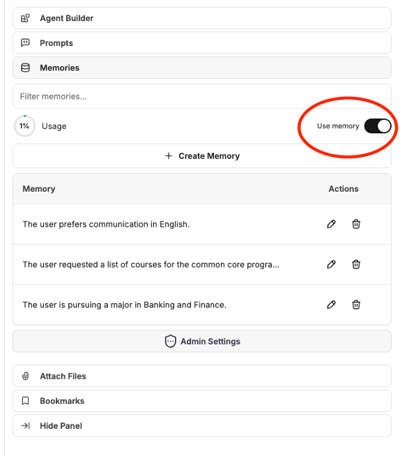 Screenshot of the right panel in AI Buddy with the memory function which can be activated with a toggle button