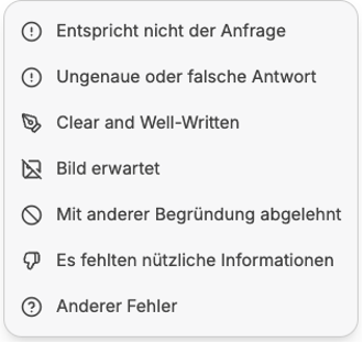 Beim Klicken auf die Daumen öffnet sich eine Liste mit Feedback-Optionen, z. B. passt nicht zu meiner Anfrage oder schlechter Stil/Ton