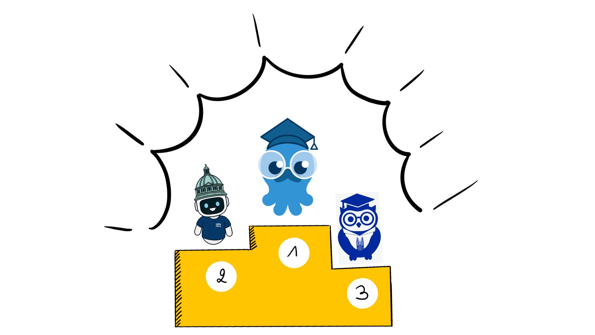 Der erste Gewinner ist ein blauer Oktopus mit Brille und Doktorhut, der zweite ein Roboter mit UZH-T-Shirt und dem UZH-Turm als Hut, der dritte eine Eule mit Doktorhut und dem Grossmünster als Krawatte.